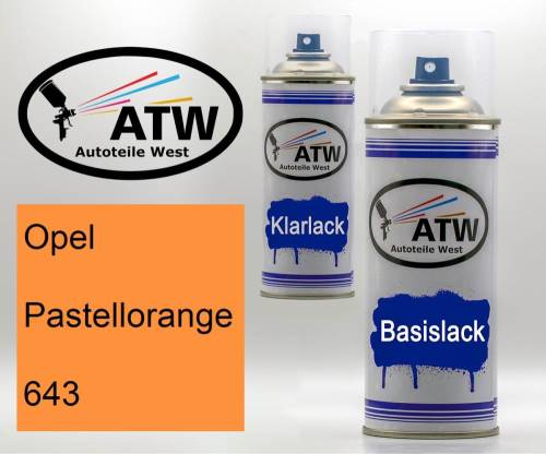 Opel, Pastellorange, 643: 400ml Sprühdose + 400ml Klarlack - Set, von ATW Autoteile West.