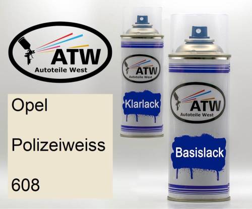 Opel, Polizeiweiss, 608: 400ml Sprühdose + 400ml Klarlack - Set, von ATW Autoteile West.