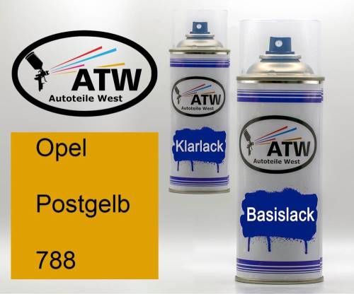 Opel, Postgelb, 788: 400ml Sprühdose + 400ml Klarlack - Set, von ATW Autoteile West.