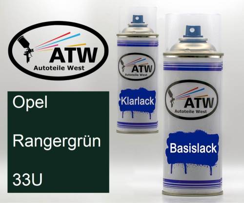 Opel, Rangergrün, 33U: 400ml Sprühdose + 400ml Klarlack - Set, von ATW Autoteile West.