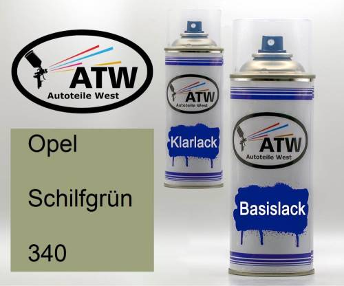 Opel, Schilfgrün, 340: 400ml Sprühdose + 400ml Klarlack - Set, von ATW Autoteile West.