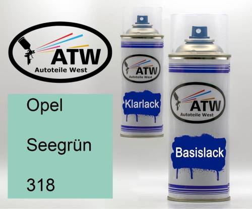 Opel, Seegrün, 318: 400ml Sprühdose + 400ml Klarlack - Set, von ATW Autoteile West.