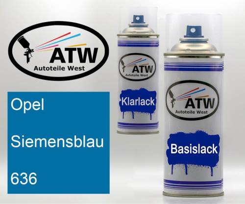 Opel, Siemensblau, 636: 400ml Sprühdose + 400ml Klarlack - Set, von ATW Autoteile West.