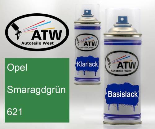 Opel, Smaragdgrün, 621: 400ml Sprühdose + 400ml Klarlack - Set, von ATW Autoteile West.