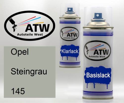 Opel, Steingrau, 145: 400ml Sprühdose + 400ml Klarlack - Set, von ATW Autoteile West.