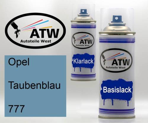 Opel, Taubenblau, 777: 400ml Sprühdose + 400ml Klarlack - Set, von ATW Autoteile West.