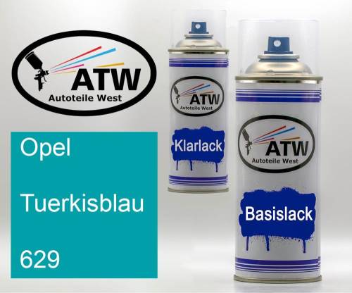 Opel, Tuerkisblau, 629: 400ml Sprühdose + 400ml Klarlack - Set, von ATW Autoteile West.