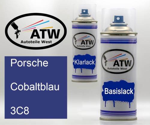 Porsche, Cobaltblau, 3C8: 400ml Sprühdose + 400ml Klarlack - Set, von ATW Autoteile West.