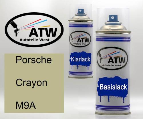 Porsche, Crayon, M9A: 400ml Sprühdose + 400ml Klarlack - Set, von ATW Autoteile West.