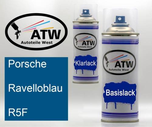 Porsche, Ravelloblau, R5F: 400ml Sprühdose + 400ml Klarlack - Set, von ATW Autoteile West.