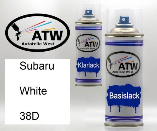 Subaru, White, 38D: 400ml Sprühdose + 400ml Klarlack - Set, von ATW Autoteile West.