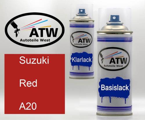 Suzuki, Red, A20: 400ml Sprühdose + 400ml Klarlack - Set, von ATW Autoteile West.