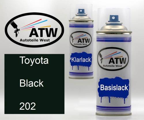 Toyota, Black, 202: 400ml Sprühdose + 400ml Klarlack - Set, von ATW Autoteile West.