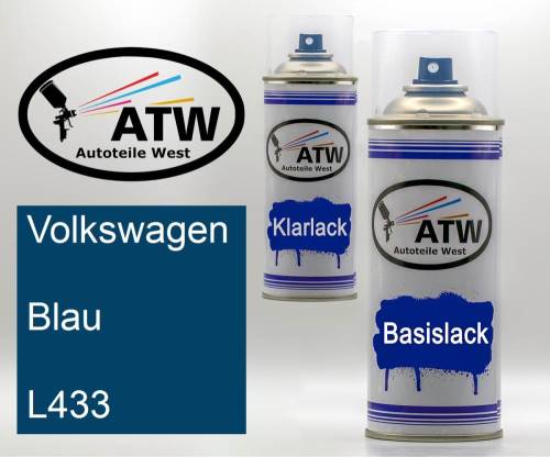 Volkswagen, Blau, L433: 400ml Sprühdose + 400ml Klarlack - Set, von ATW Autoteile West.