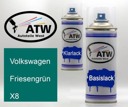 Volkswagen, Friesengrün, X8: 400ml Sprühdose + 400ml Klarlack - Set, von ATW Autoteile West.