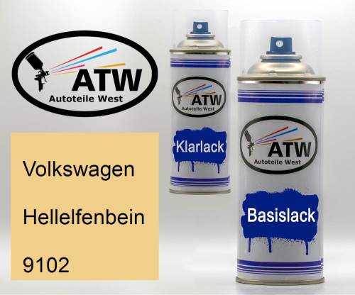 Volkswagen, Hellelfenbein, 9102: 400ml Sprühdose + 400ml Klarlack - Set, von ATW Autoteile West.