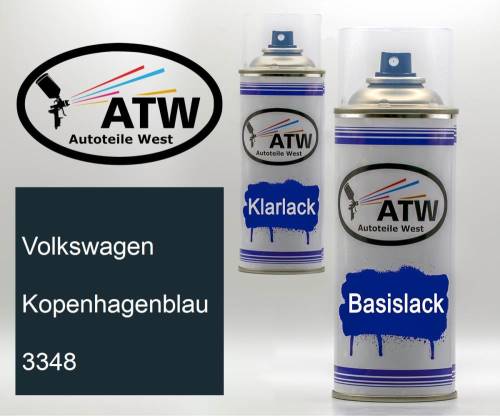 Volkswagen, Kopenhagenblau, 3348: 400ml Sprühdose + 400ml Klarlack - Set, von ATW Autoteile West.