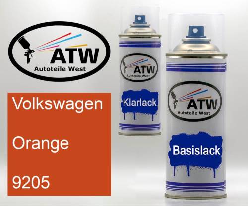 Volkswagen, Orange, 9205: 400ml Sprühdose + 400ml Klarlack - Set, von ATW Autoteile West.