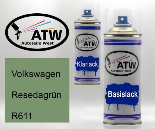 Volkswagen, Resedagrün, R611: 400ml Sprühdose + 400ml Klarlack - Set, von ATW Autoteile West.