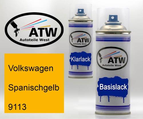 Volkswagen, Spanischgelb, 9113: 400ml Sprühdose + 400ml Klarlack - Set, von ATW Autoteile West.