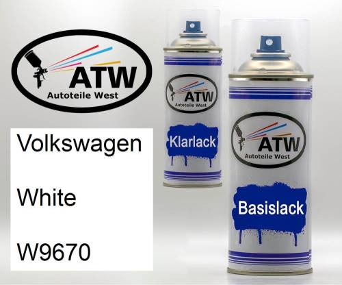 Volkswagen, White, W9670: 400ml Sprühdose + 400ml Klarlack - Set, von ATW Autoteile West.