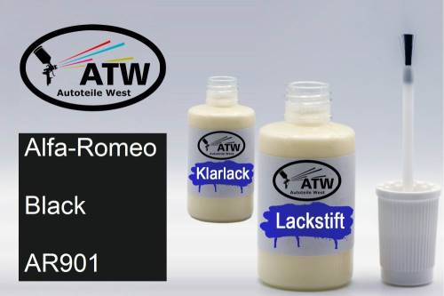 Alfa-Romeo, Black, AR901: 20ml Lackstift + 20ml Klarlack - Set, von ATW Autoteile West.