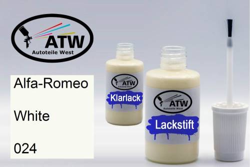 Alfa-Romeo, White, 024: 20ml Lackstift + 20ml Klarlack - Set, von ATW Autoteile West.