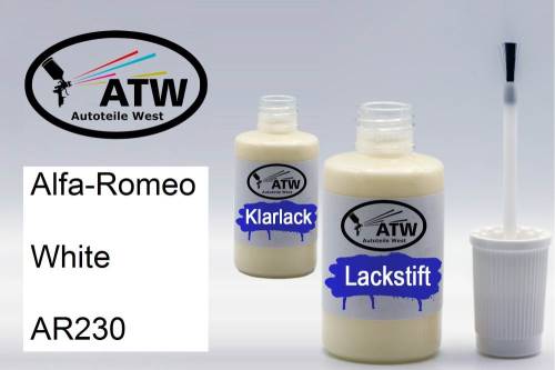 Alfa-Romeo, White, AR230: 20ml Lackstift + 20ml Klarlack - Set, von ATW Autoteile West.