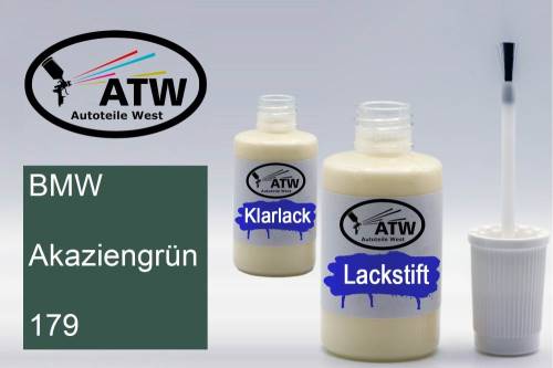 BMW, Akaziengrün, 179: 20ml Lackstift + 20ml Klarlack - Set, von ATW Autoteile West.