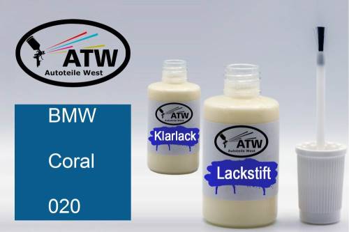 BMW, Coral, 020: 20ml Lackstift + 20ml Klarlack - Set, von ATW Autoteile West.
