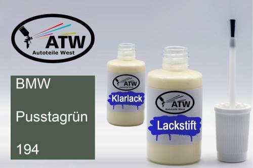 BMW, Pusstagrün, 194: 20ml Lackstift + 20ml Klarlack - Set, von ATW Autoteile West.
