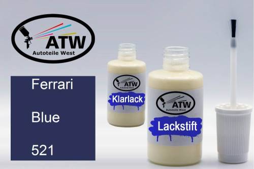 Ferrari, Blue, 521: 20ml Lackstift + 20ml Klarlack - Set, von ATW Autoteile West.