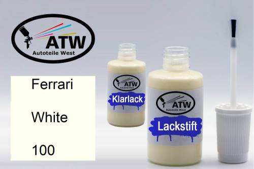 Ferrari, White, 100: 20ml Lackstift + 20ml Klarlack - Set, von ATW Autoteile West.