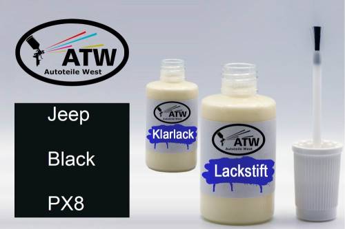 Jeep, Black, PX8: 20ml Lackstift + 20ml Klarlack - Set, von ATW Autoteile West.