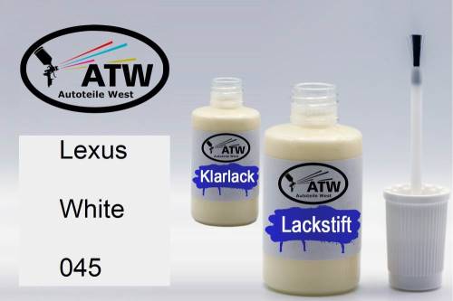 Lexus, White, 045: 20ml Lackstift + 20ml Klarlack - Set, von ATW Autoteile West.