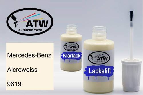 Mercedes-Benz, Alcroweiss, 9619: 20ml Lackstift + 20ml Klarlack - Set, von ATW Autoteile West.