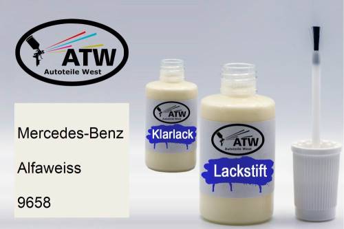 Mercedes-Benz, Alfaweiss, 9658: 20ml Lackstift + 20ml Klarlack - Set, von ATW Autoteile West.