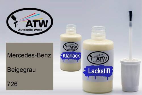 Mercedes-Benz, Beigegrau, 726: 20ml Lackstift + 20ml Klarlack - Set, von ATW Autoteile West.