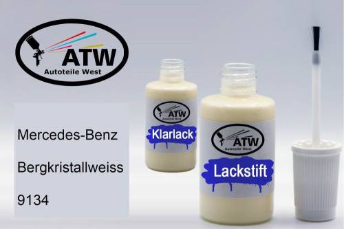 Mercedes-Benz, Bergkristallweiss, 9134: 20ml Lackstift + 20ml Klarlack - Set, von ATW Autoteile West.