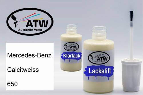 Mercedes-Benz, Calcitweiss, 650: 20ml Lackstift + 20ml Klarlack - Set, von ATW Autoteile West.