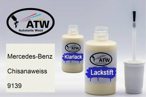 Mercedes-Benz, Chisanaweiss, 9139: 20ml Lackstift + 20ml Klarlack - Set, von ATW Autoteile West.