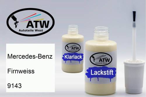 Mercedes-Benz, Firnweiss, 9143: 20ml Lackstift + 20ml Klarlack - Set, von ATW Autoteile West.