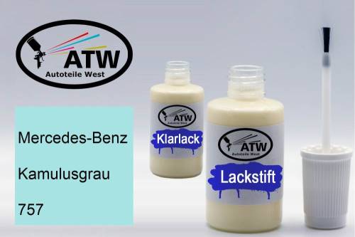 Mercedes-Benz, Kamulusgrau, 757: 20ml Lackstift + 20ml Klarlack - Set, von ATW Autoteile West.