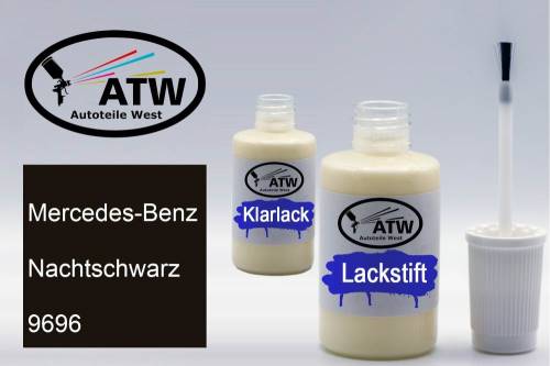 Mercedes-Benz, Nachtschwarz, 9696: 20ml Lackstift + 20ml Klarlack - Set, von ATW Autoteile West.