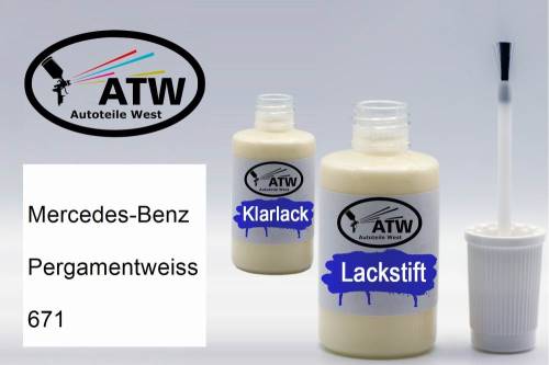 Mercedes-Benz, Pergamentweiss, 671: 20ml Lackstift + 20ml Klarlack - Set, von ATW Autoteile West.