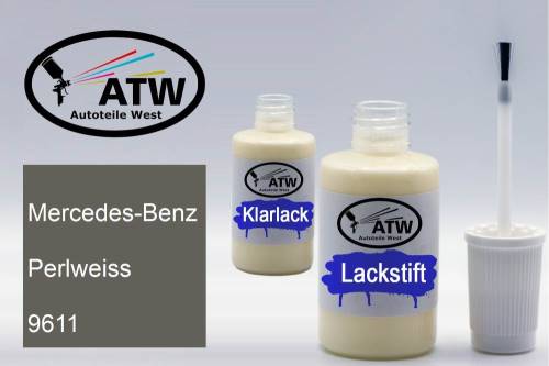 Mercedes-Benz, Perlweiss, 9611: 20ml Lackstift + 20ml Klarlack - Set, von ATW Autoteile West.