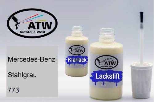 Mercedes-Benz, Stahlgrau, 773: 20ml Lackstift + 20ml Klarlack - Set, von ATW Autoteile West.