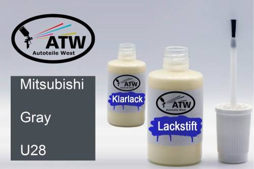 Mitsubishi, Gray, U28: 20ml Lackstift + 20ml Klarlack - Set, von ATW Autoteile West.