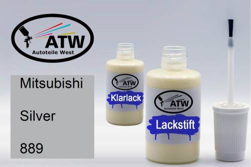 Mitsubishi, Silver, 889: 20ml Lackstift + 20ml Klarlack - Set, von ATW Autoteile West.