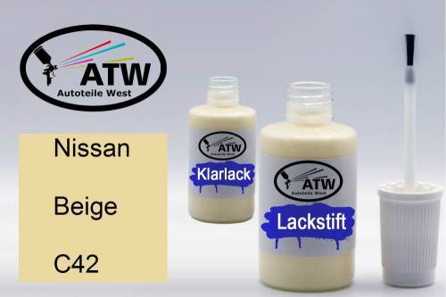 Nissan, Beige, C42: 20ml Lackstift + 20ml Klarlack - Set, von ATW Autoteile West.